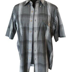 Roundtree & Yorke Striped Button-Down Shirt: Vintage 80s Gray Black Plaid Size M